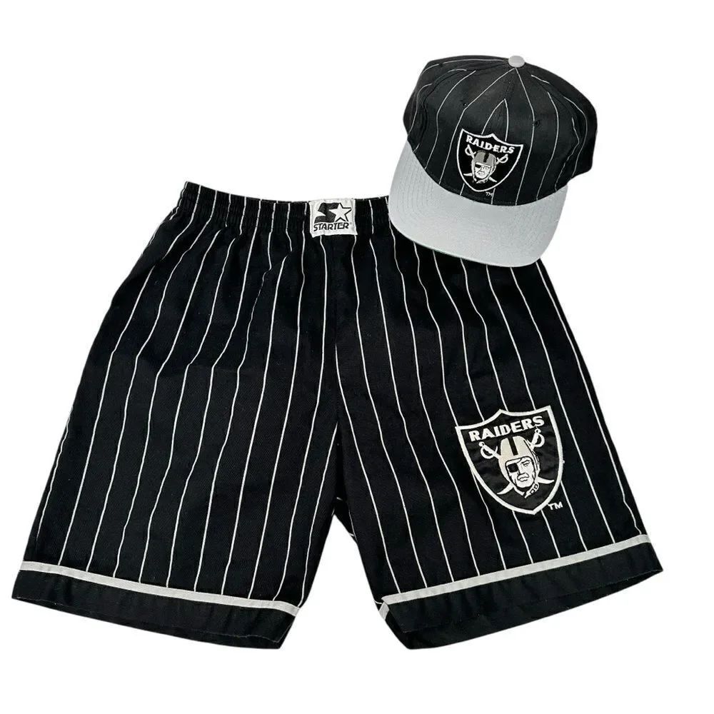 Vintage Starter Los Angeles Raiders Pinstripe NFL Hat & Youth XL Shorts 90s